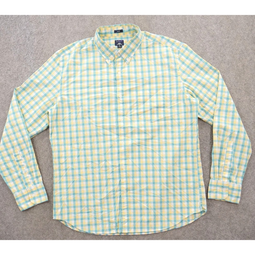 J Crew Shirt Mens Extra Large Green Yellow Washed Oxford Button Up Slim Checks